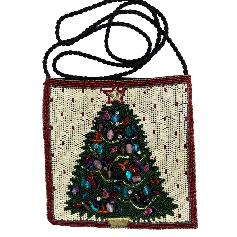 Vintage Beaded Christmas Tree Purse Holiday Evening Bag Made in‎ India
